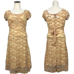 Vintage Y2K Lace Babydoll Cap Sleeve Tan Bustier Midi Dress Boho Romantic M